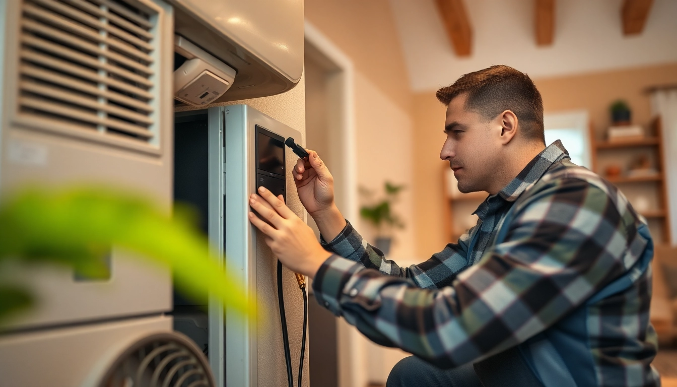 Technician performing heating repair south salem in a warm living room.