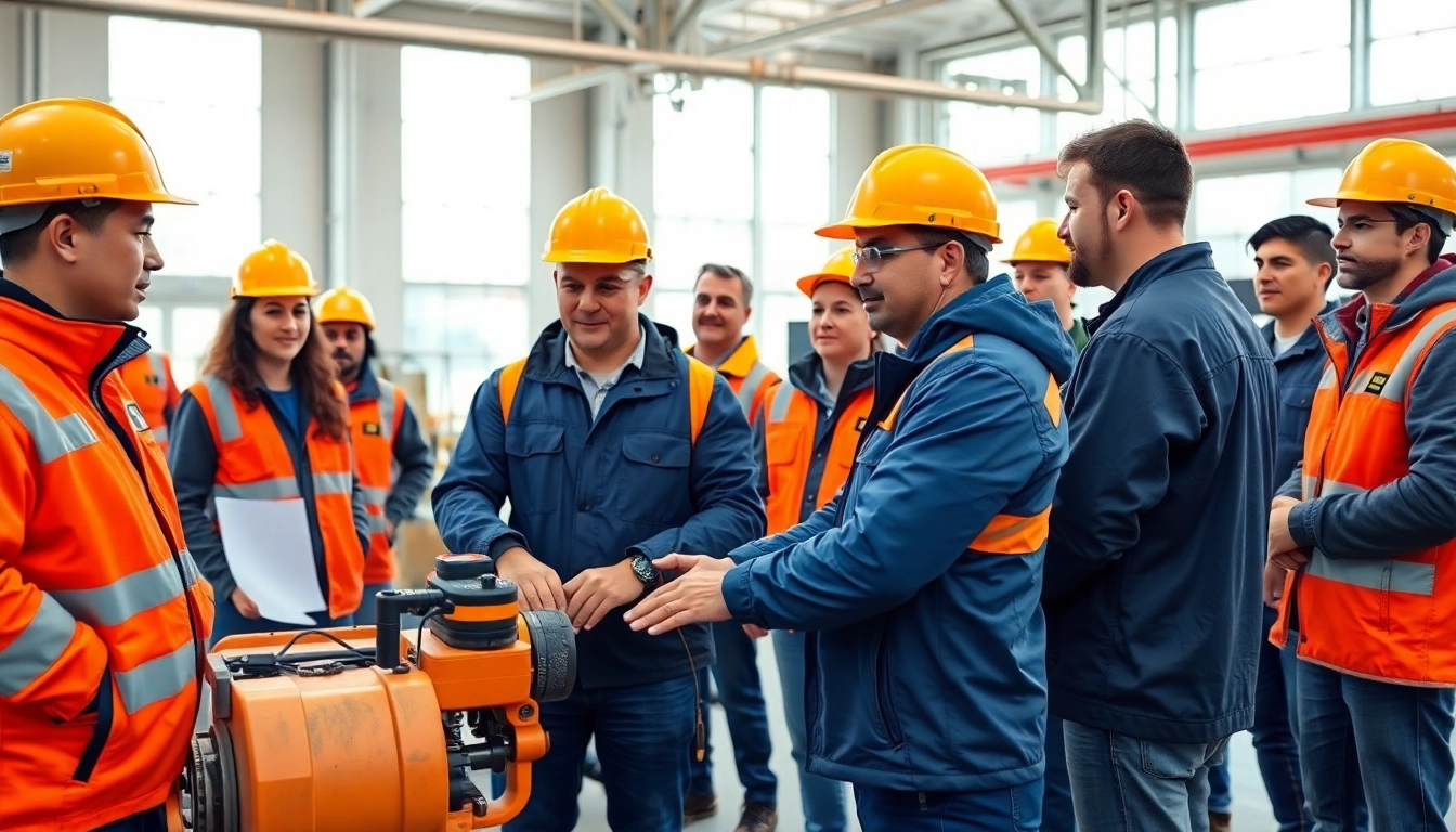 Engaged trainees at a construction training session demonstrating safety techniques and teamwork.