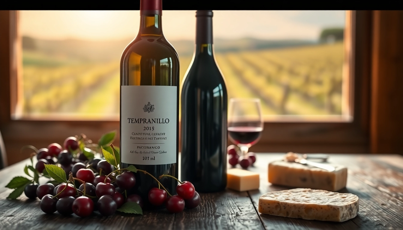Showcase Tempranillo wine bottle elegantly displayed with fresh cherries and cheese.