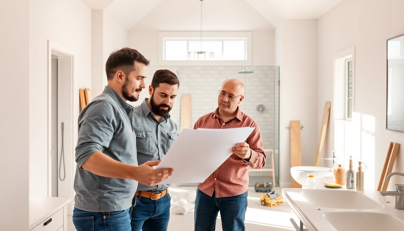 Bathroom contractors near me planning renovations in a contemporary setting, showcasing professional expertise and tools.