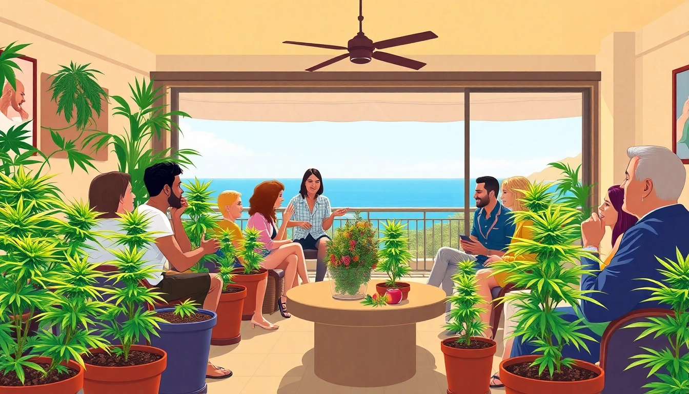Grupo en la Asociación de cannabis Lloret de Mar disfrutando de un ambiente relajado.