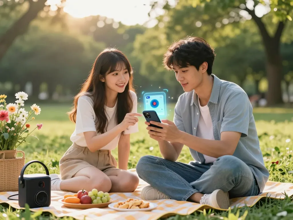 Engaging outdoor interaction with ai girlfriend app, showcasing a digital companion in a vibrant park setting.