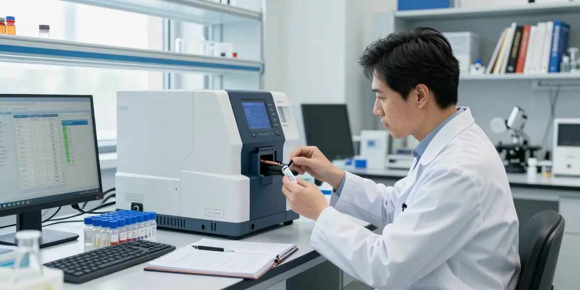 Scientist analyzing American-made research peptides in a modern laboratory, showcasing innovative research techniques.