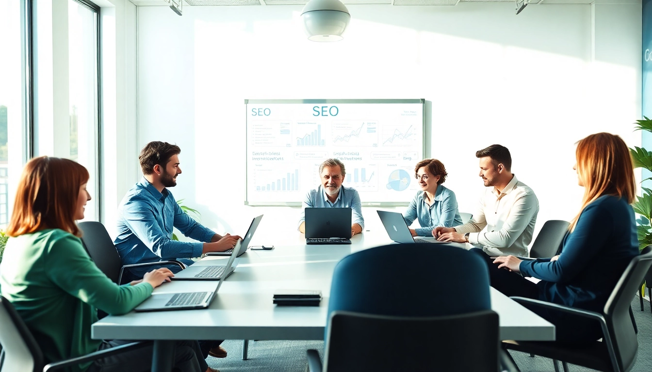 Team collaborating on SEO strategies using seo chat gpt in a modern workspace.