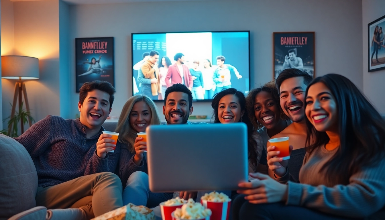 ดูหนังออนไลน์ฟรี กับกลุ่มเพื่อนที่นั่งดูหนังในห้องนั่งเล่นที่อบอุ่น