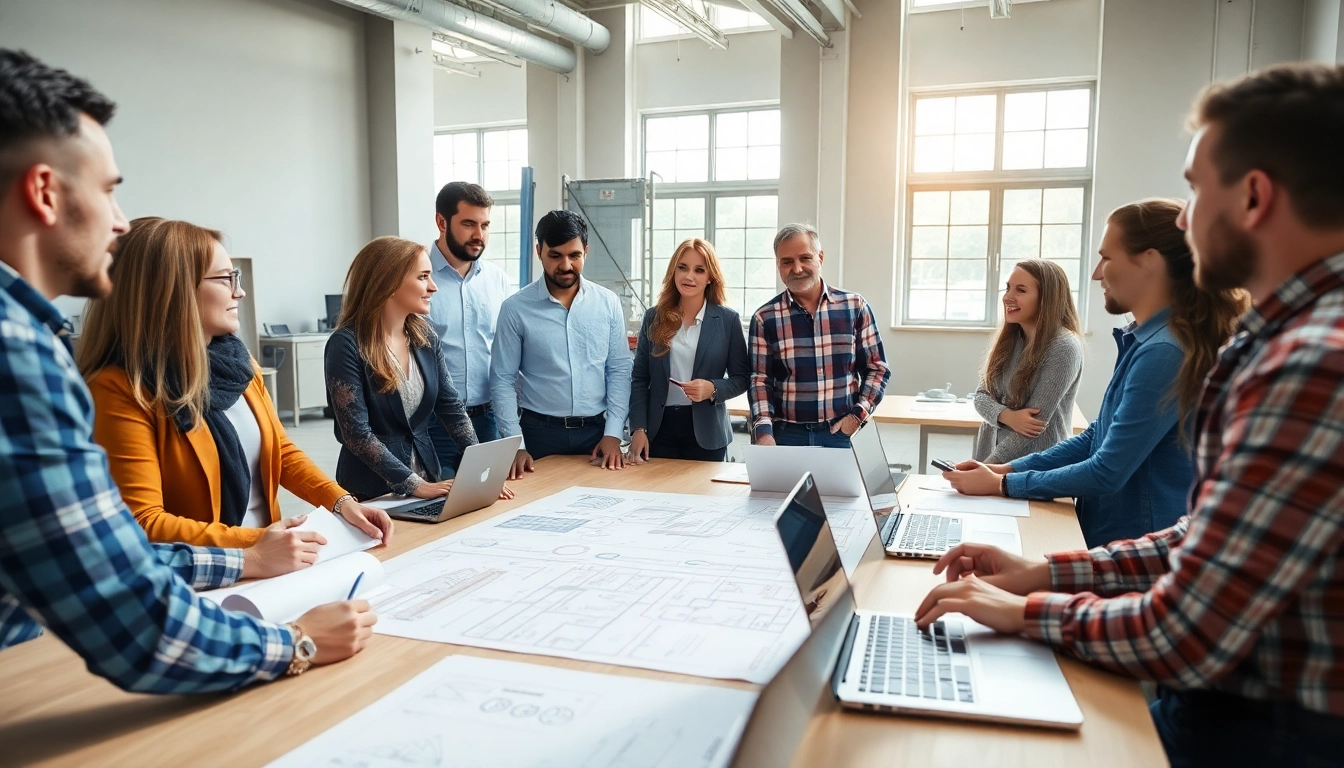 Join a construction association meeting showcasing diverse professionals collaborating on project plans.
