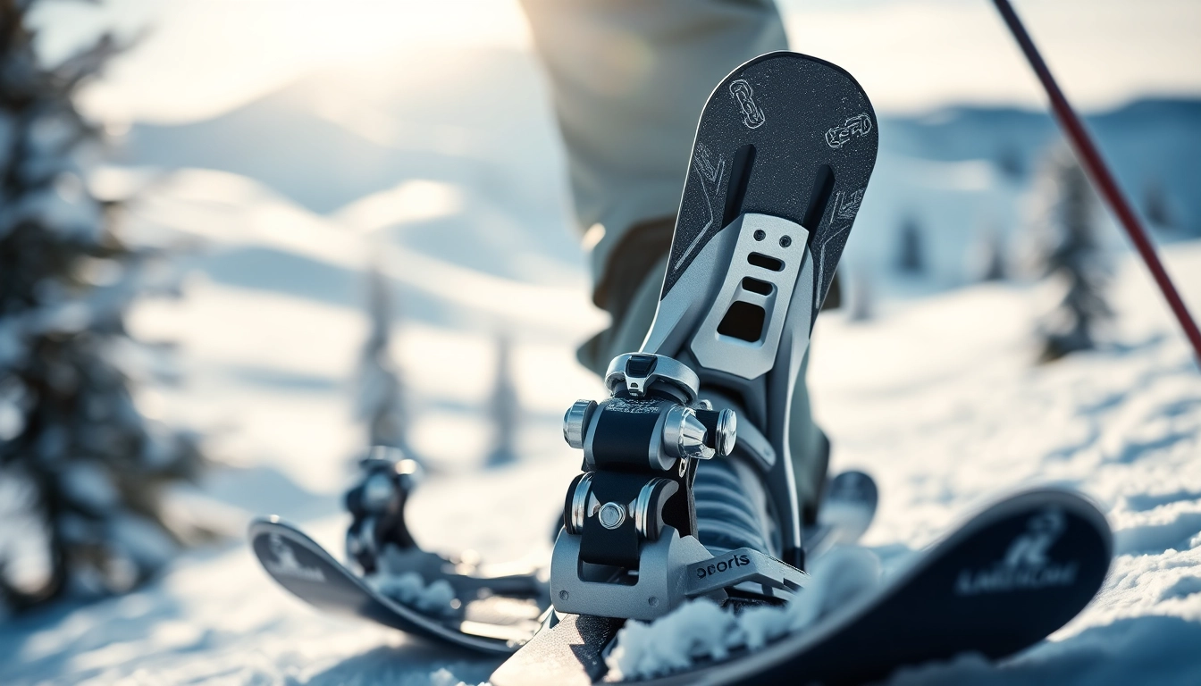Showcase bindings mounted on skis against a snowy mountain backdrop under bright sunlight.