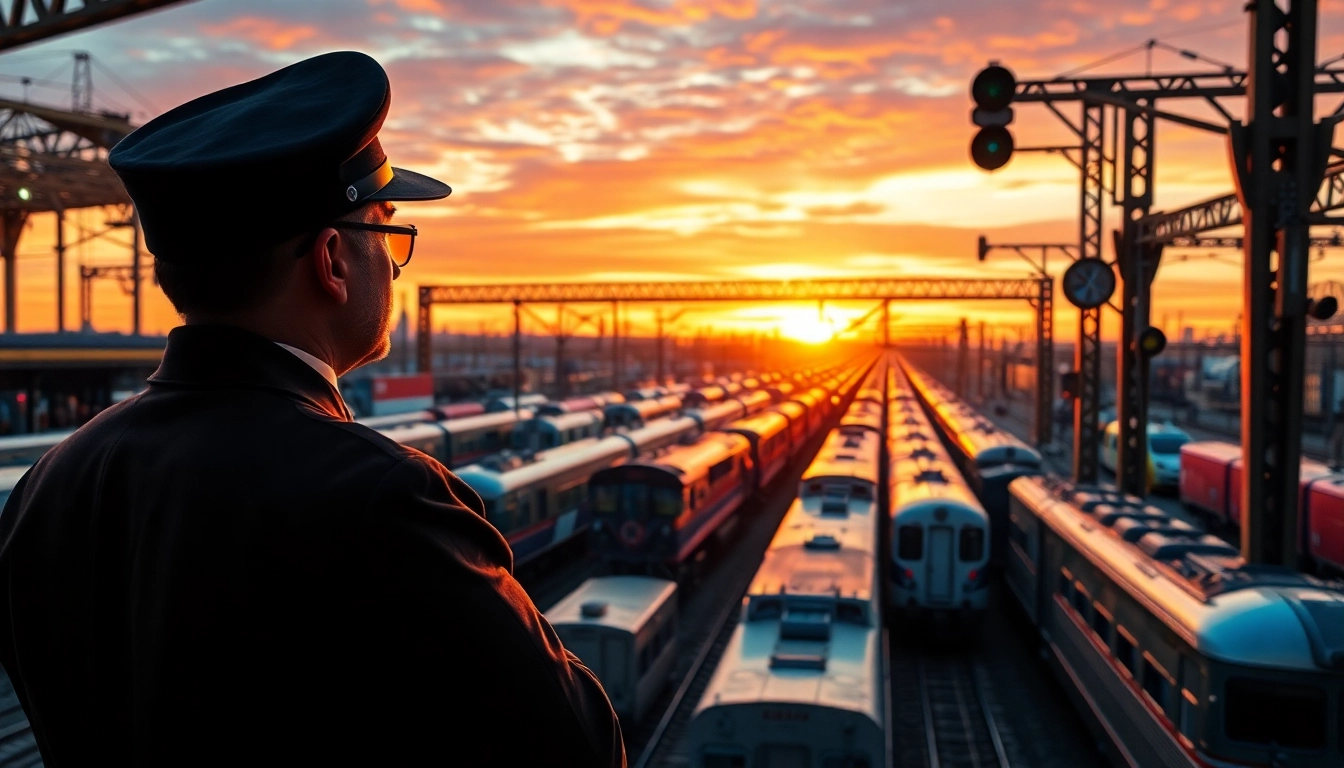 Efficient North American rail services highlighted by a train conductor in a busy railway station.