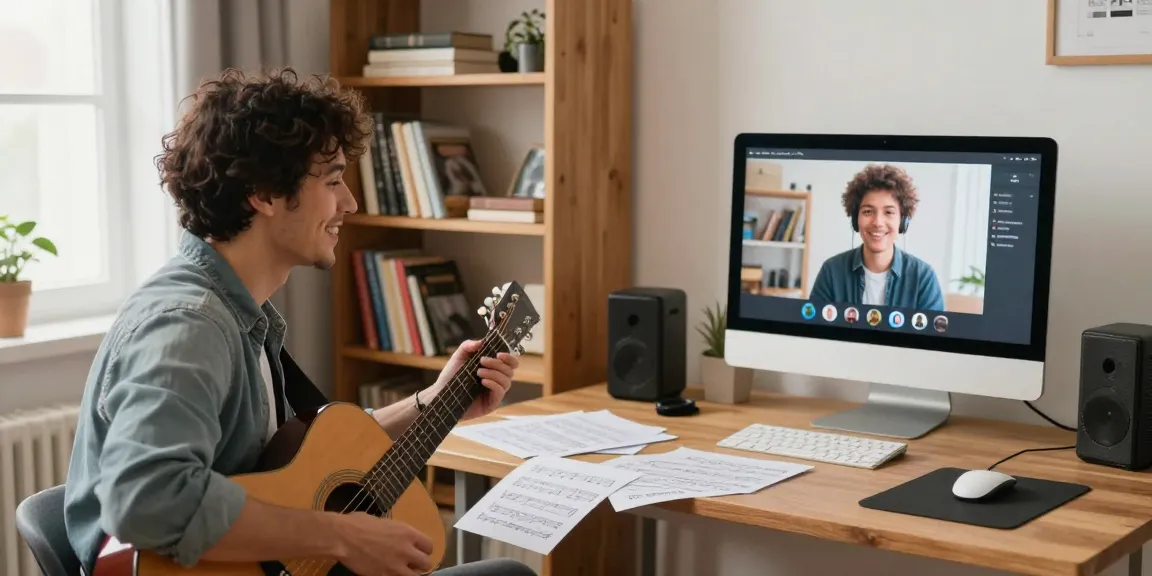 Engaging Zoom Guitar Lessons with a certified instructor in a cozy home studio.