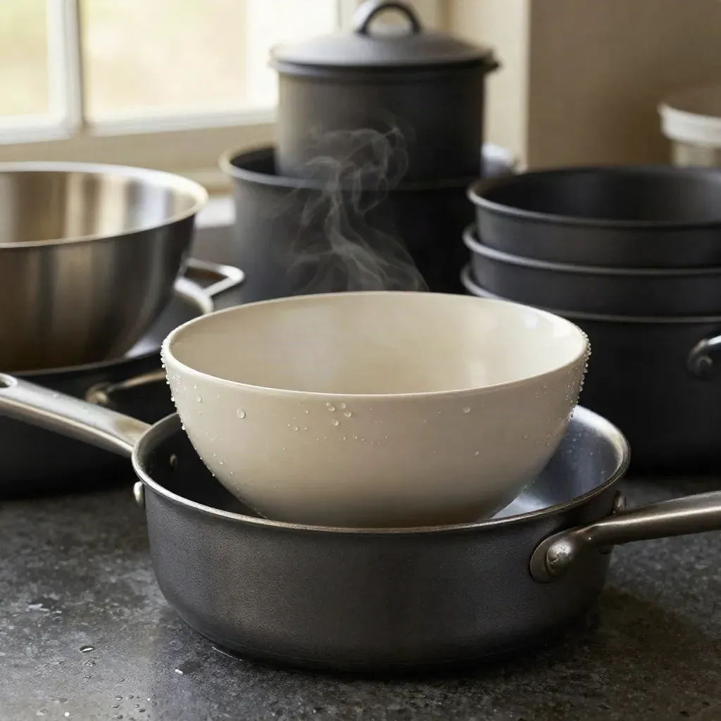 Macro of unbranded brushed-steel pans, bowls and canisters on wet basalt with steam