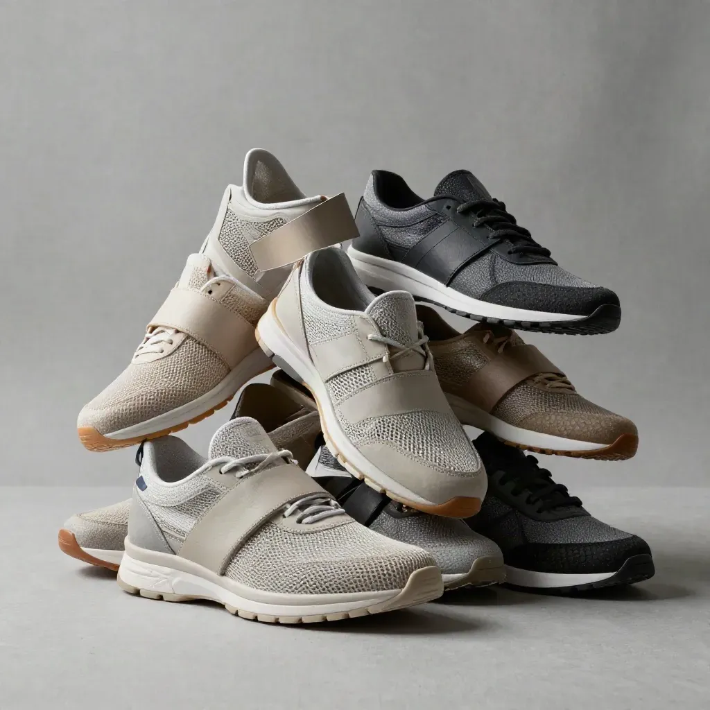 Unbranded sneakers fanned on a pale studio surface with soft daylight and dust motes.