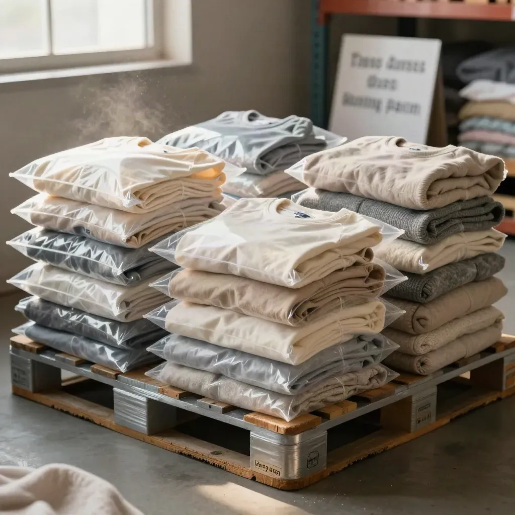 Kidswear return pallet with folded tees, joggers and knits in clear polybags beside soft blankets.