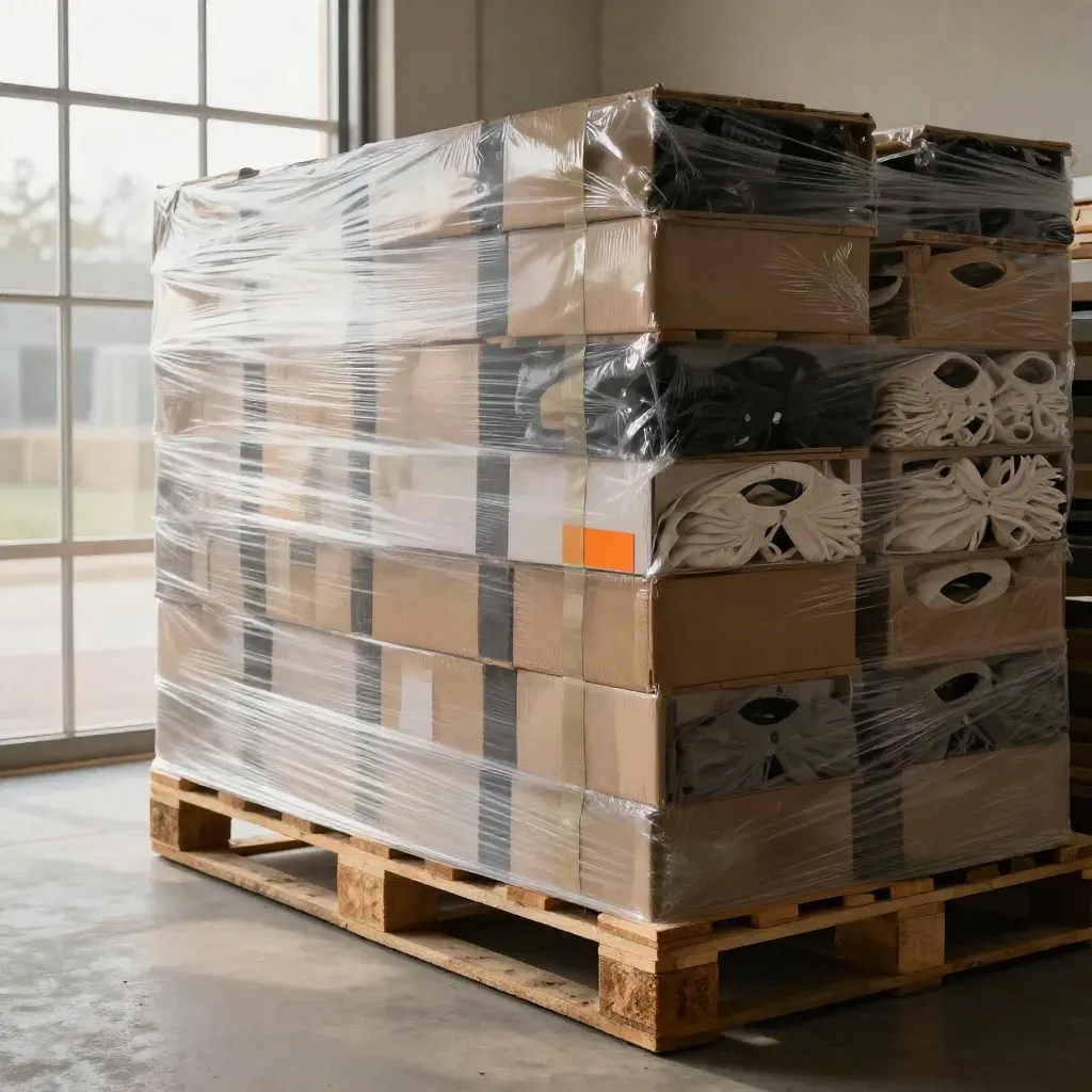 Sunlit warehouse pallets of cartons and shrink-wrapped apparel with orange accents.