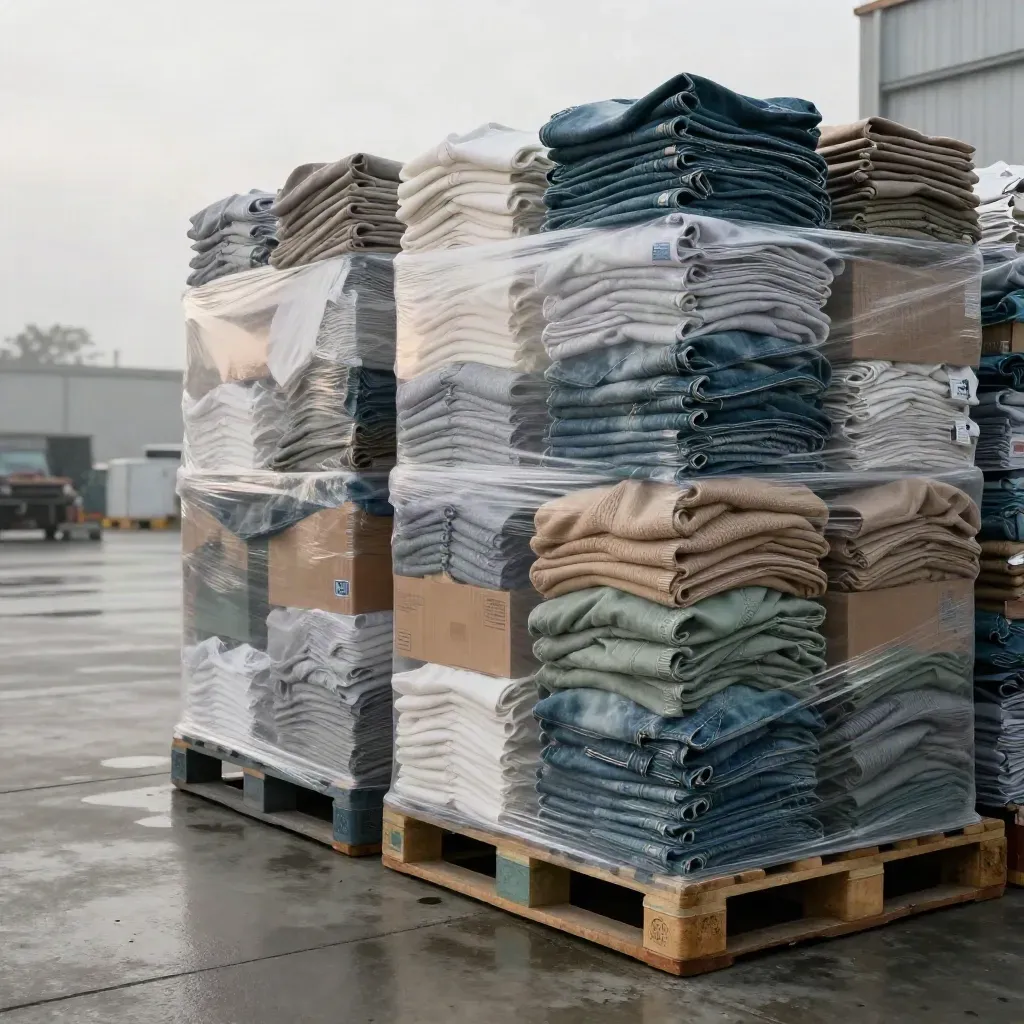 Mixed apparel pallets and cartons on a wet dock in soft morning mist