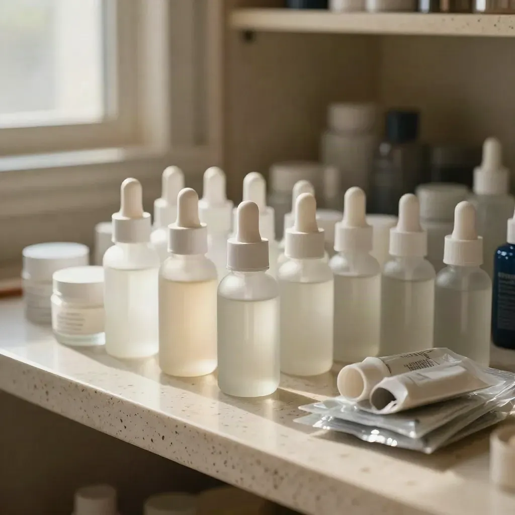 Frosted beauty stock bottles, sample jars and testers on pale stone with warm light.