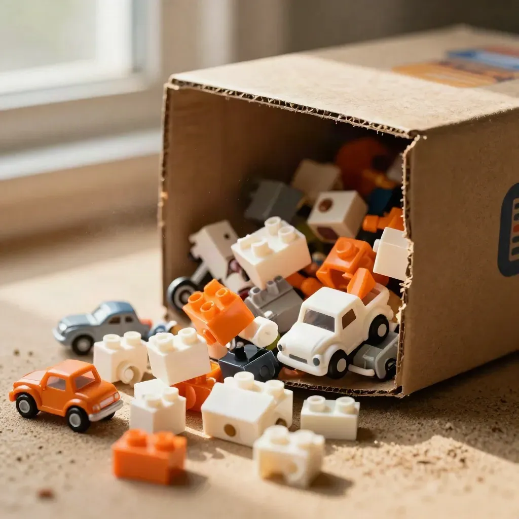 Macro spill of toy mix pack pieces from an open carton on sand-colored surface