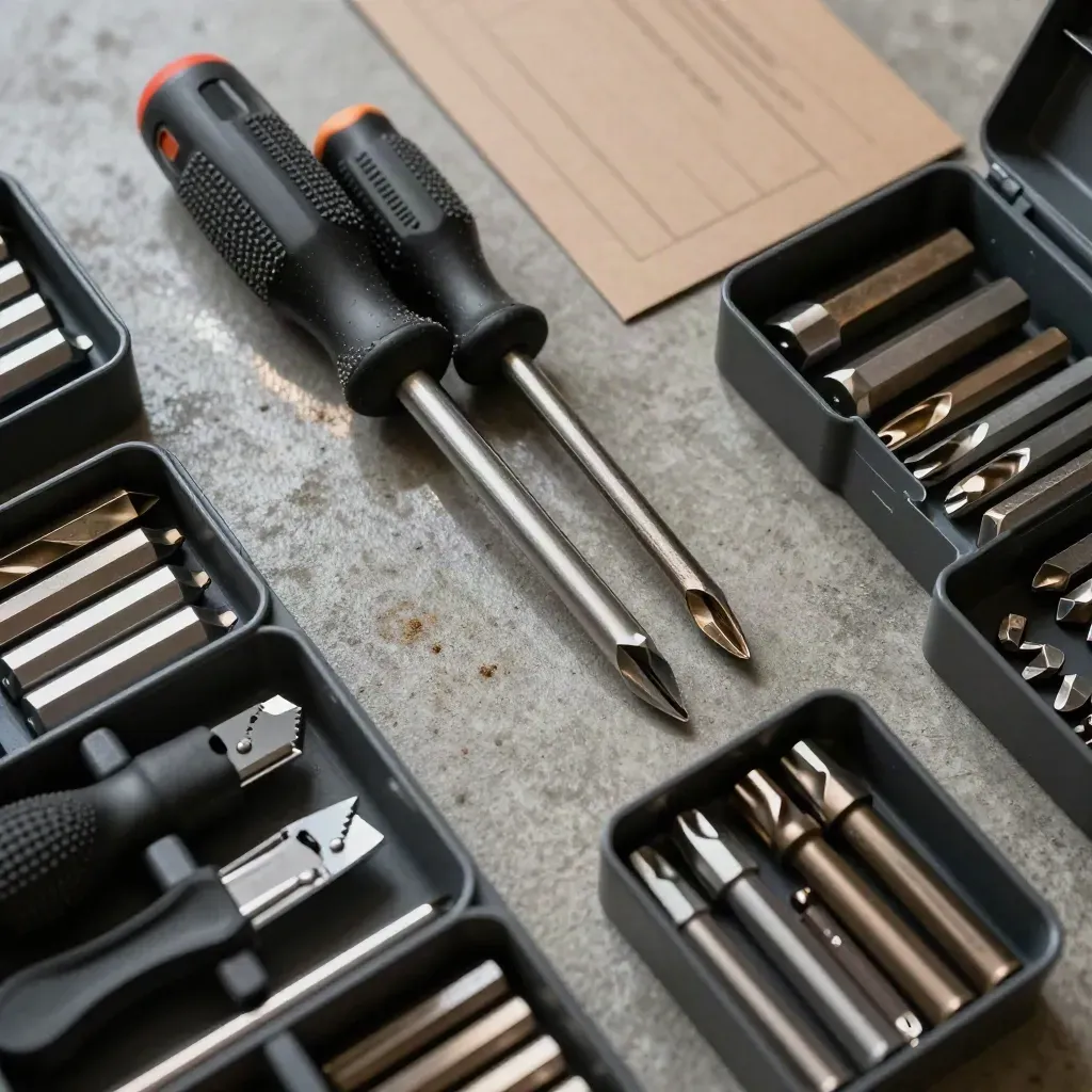Overhead flatlay of sorted tool-bin overstock with screwdrivers, drill bits, and accessory bins on concrete.