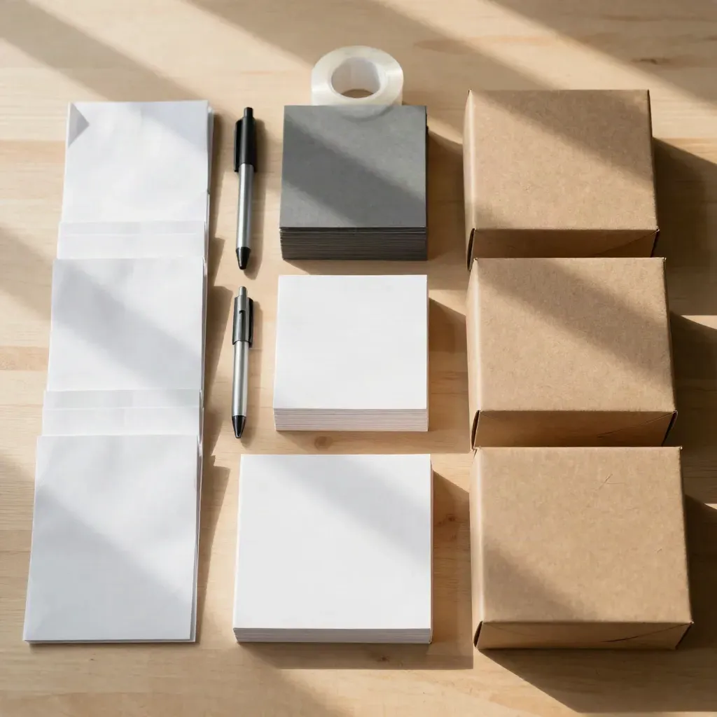 Overhead flatlay of mailers, pens, tape rolls, pads, and cartons on pale wood