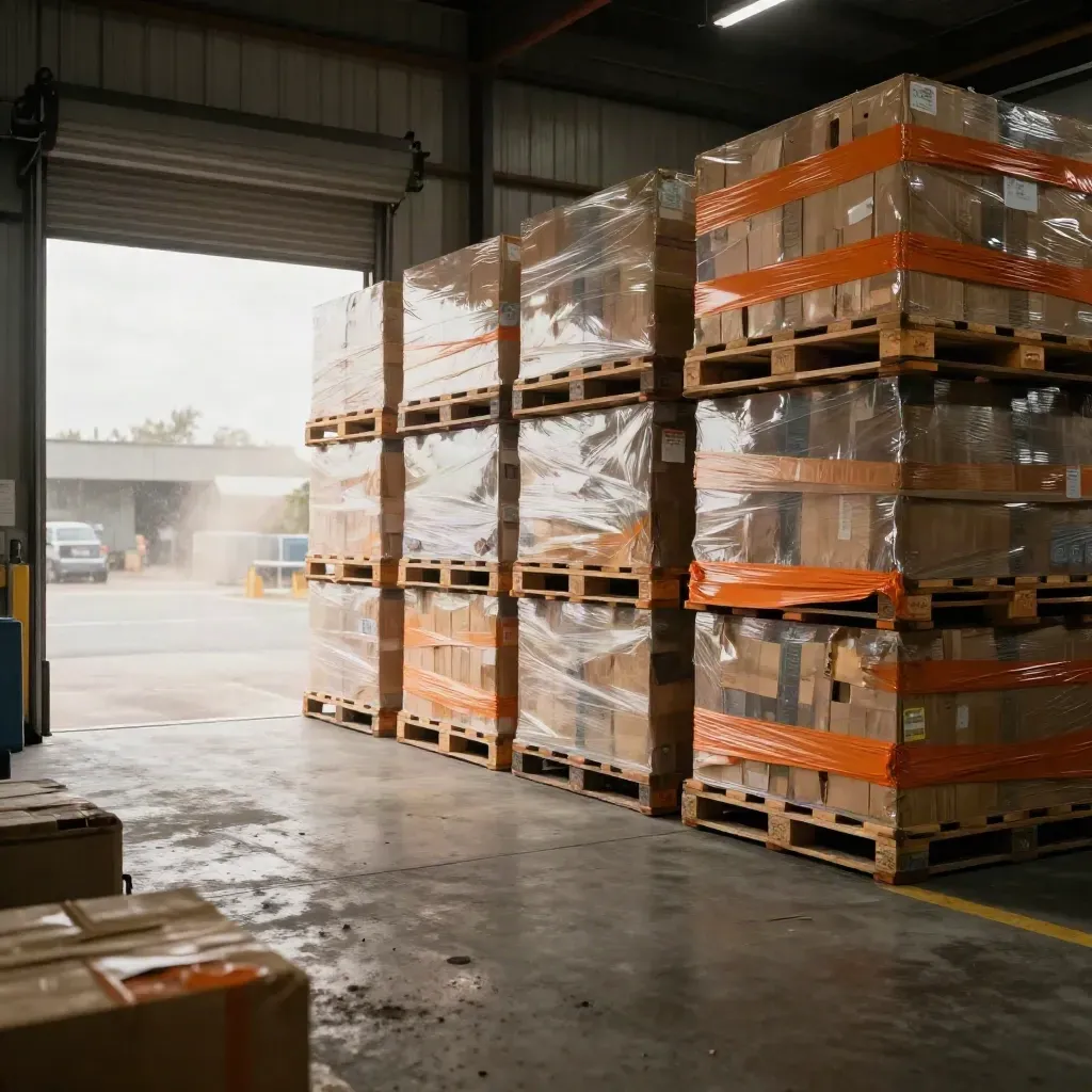 Towering warehouse pallets and wrapped clearance stock flare in storm-lit dock light