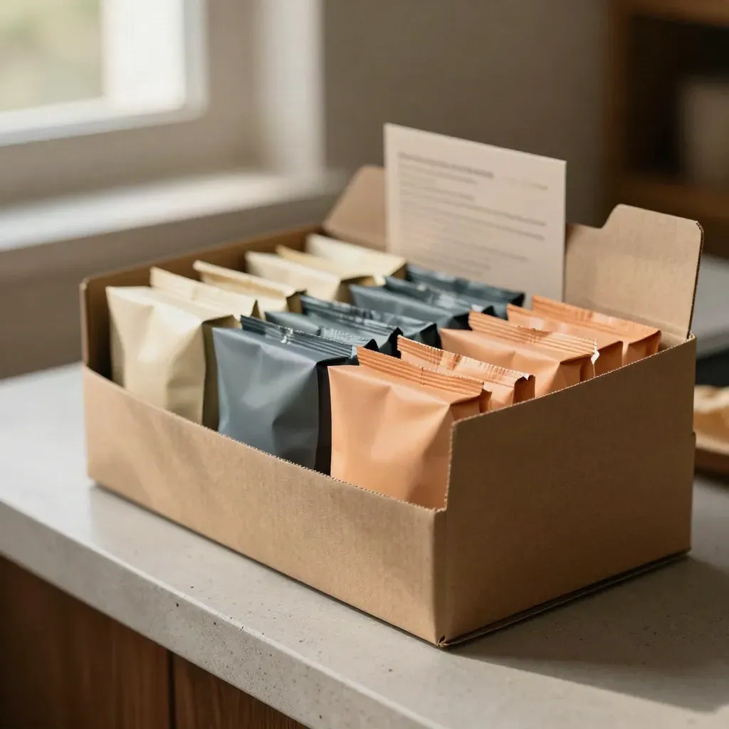 Open carton of unbranded snack shelf-pull packs on a concrete counter, warmly lit