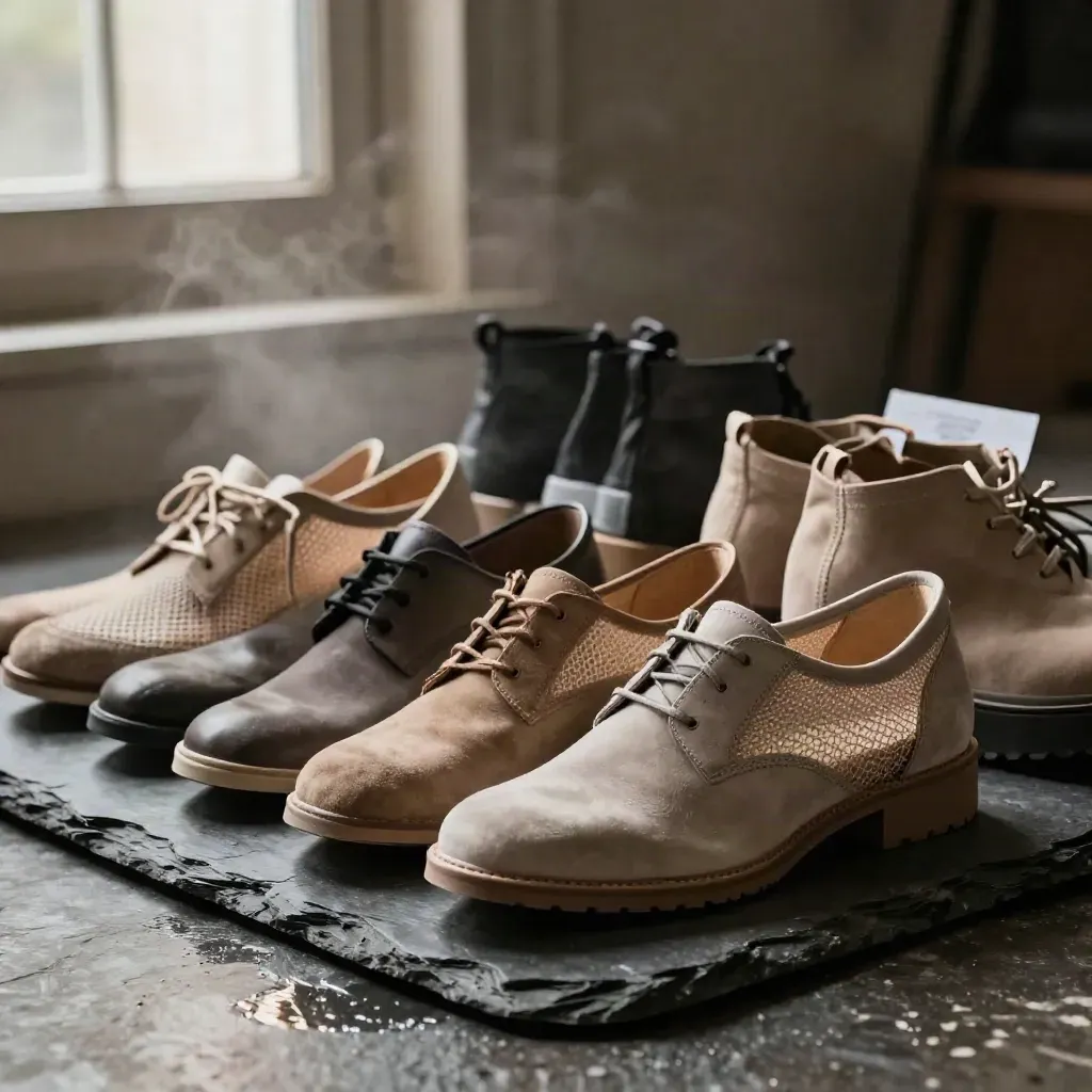 Mixed shoe return lot piled on wet slate with cool mist and dramatic rim light.