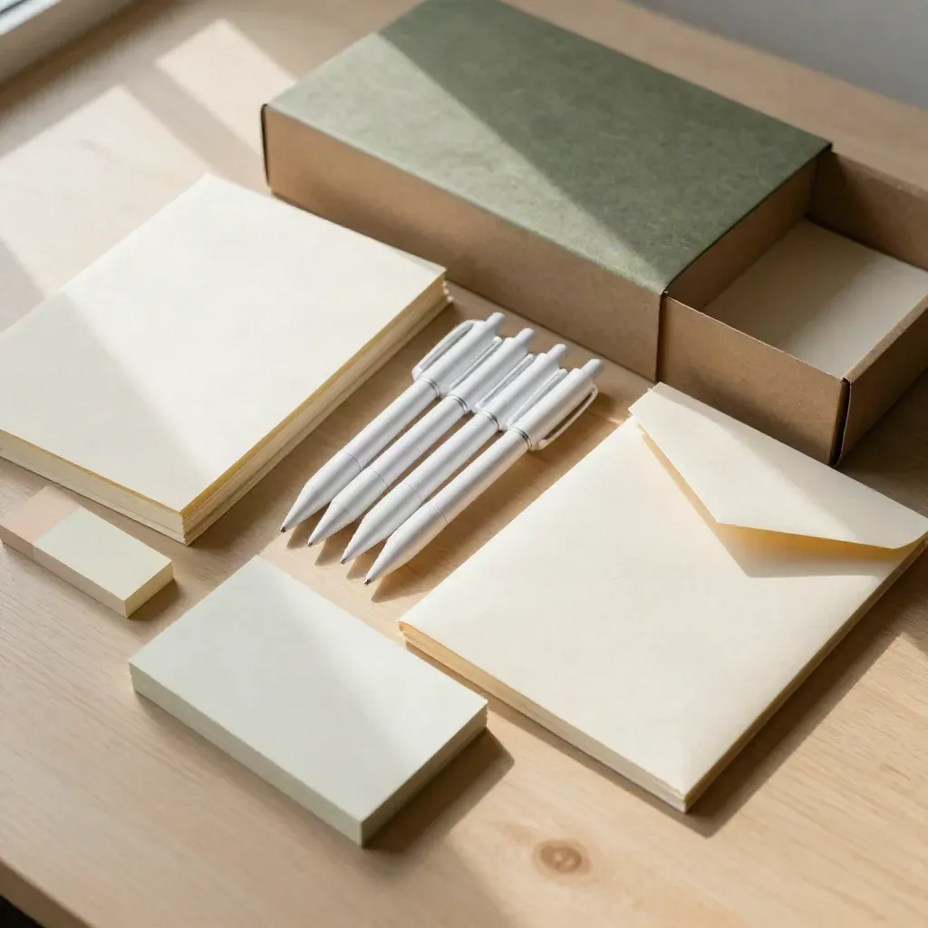 Overhead stationery bulk box flat lay with notebooks, pens, notes and envelopes on pale wood.