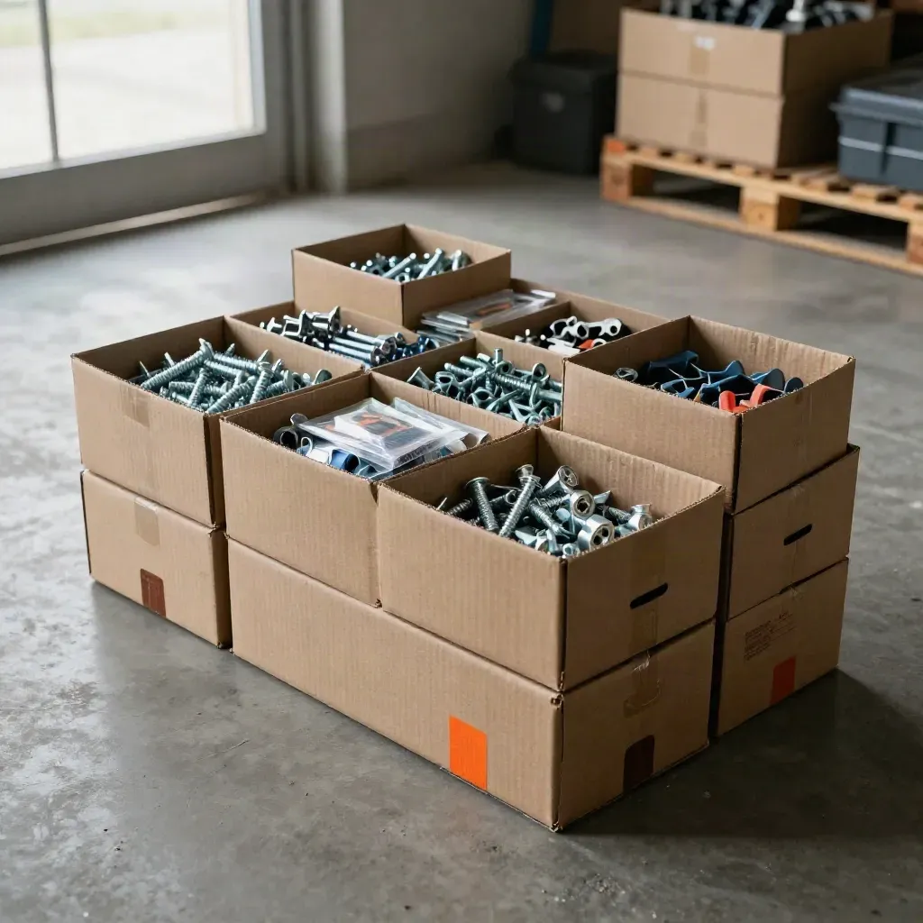 Open hardware cartons with screws, brackets, fittings and tool accessories on concrete