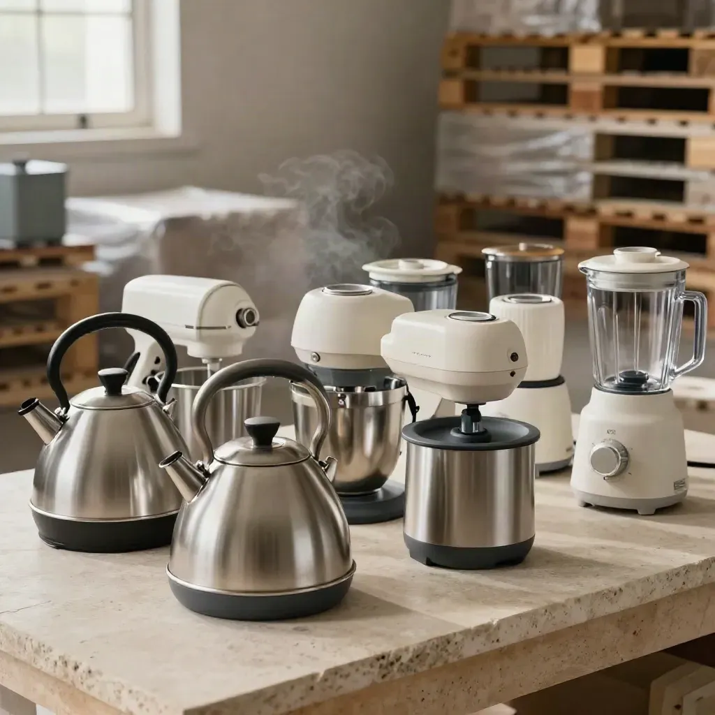 Mixed unbranded small appliances grouped on pale stone with soft warehouse blur.