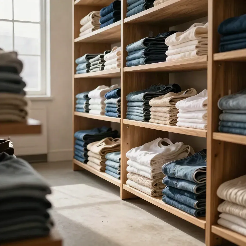 Sunlit apparel stacks on pale oak shelves in a calm warehouse nook.