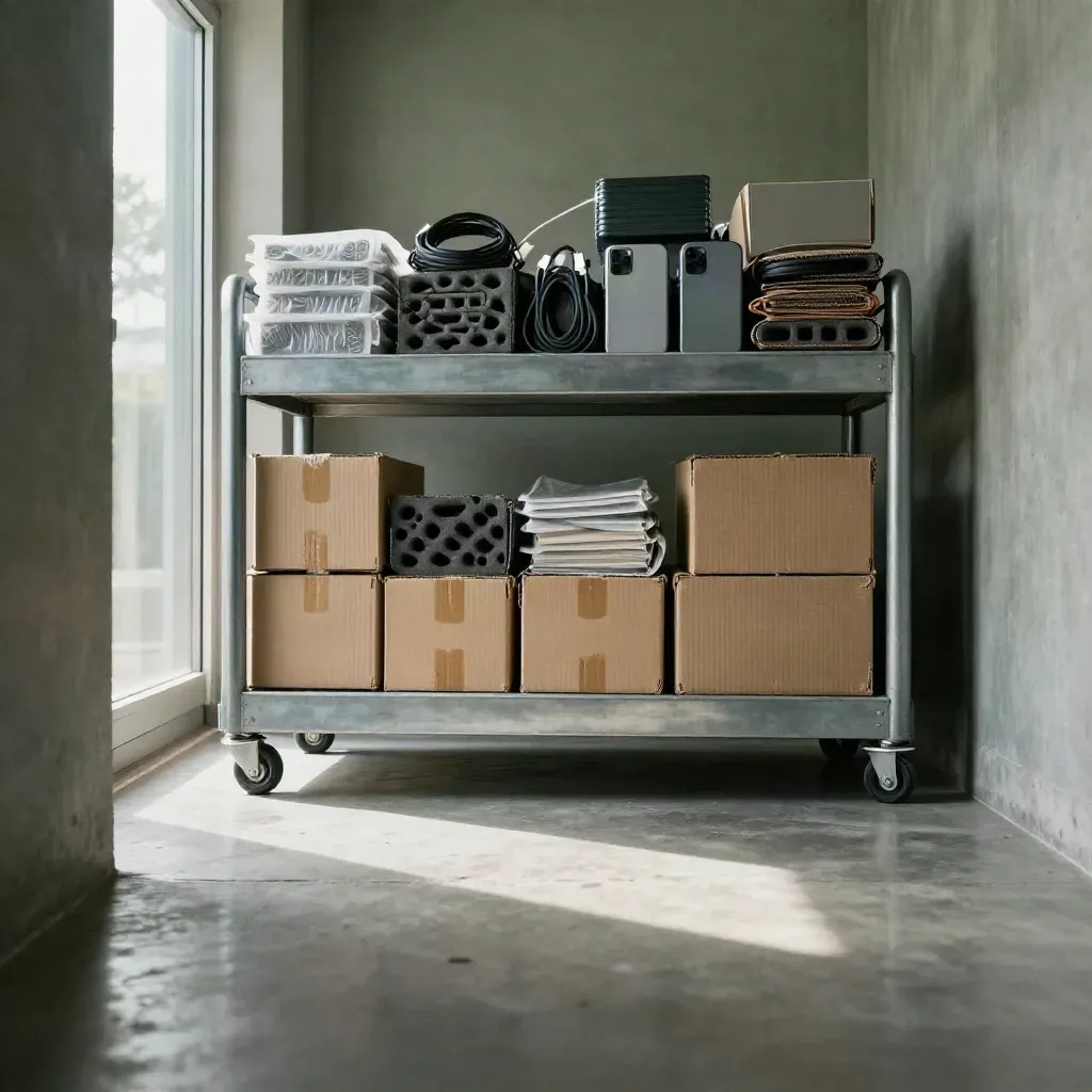 Sunlit concrete returns corridor with metal carts, boxes, and calm open floor space