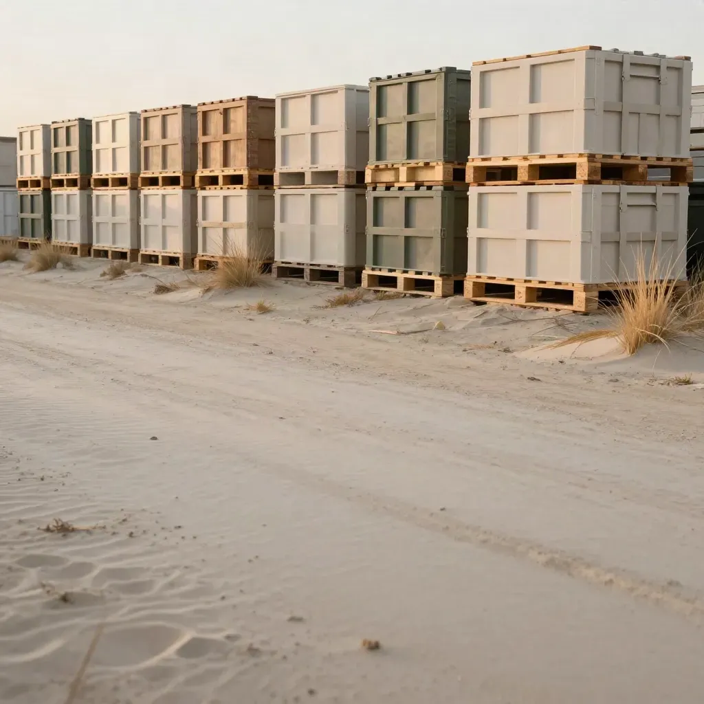 Sunlit storage yard with stacked neutral crates, dry grasses, pale earth and open copy space.