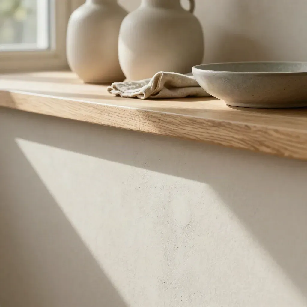 Sunlit plaster, pale wood and ceramic home-goods surfaces with open copy space.
