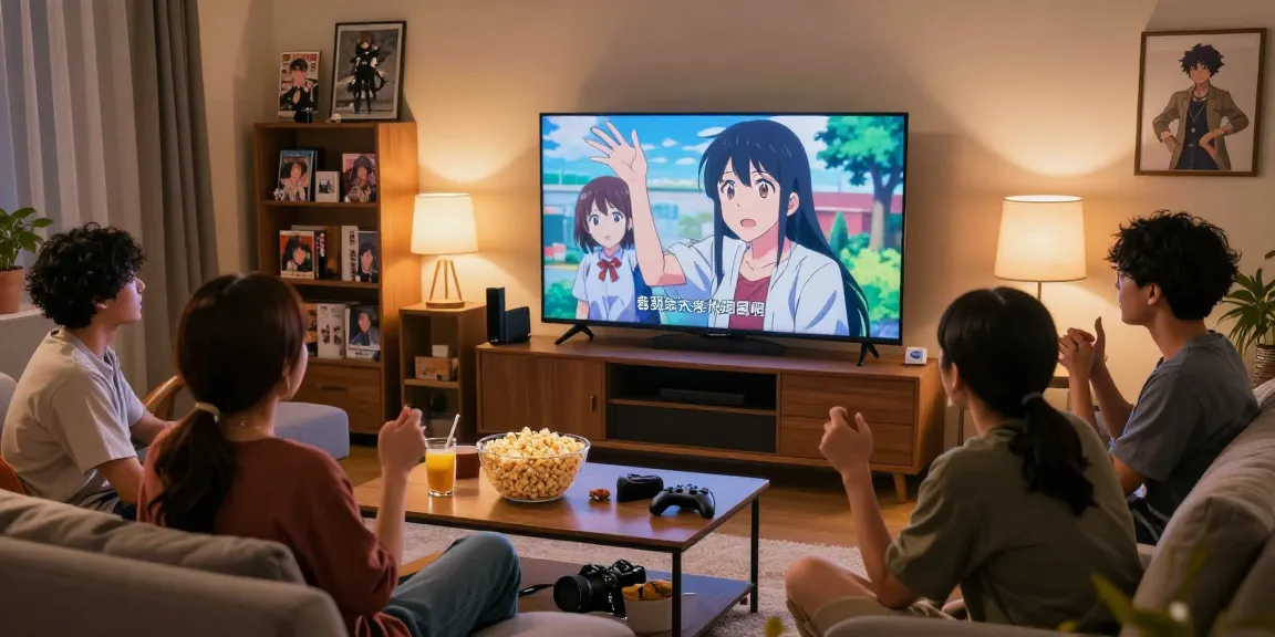 AnimePlay sedang dinikmati oleh sekelompok teman di ruang tamu, dikelilingi oleh camilan dan suasana hangat.