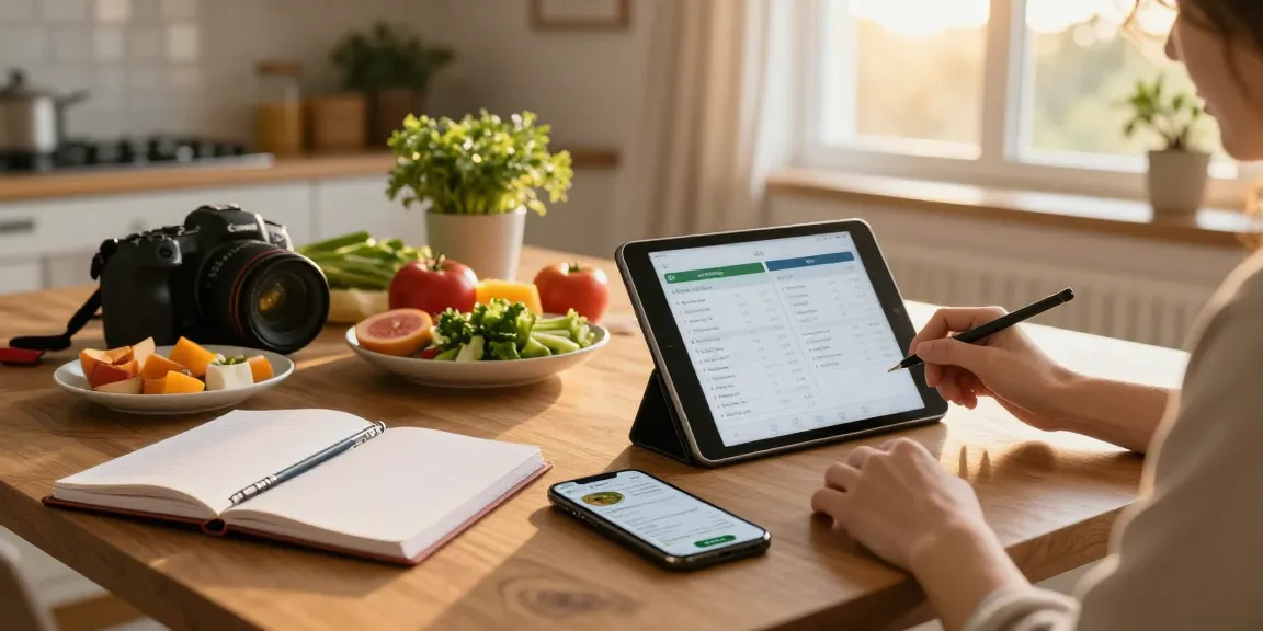 Explore the best food tracker in a warm kitchen scene with meal prep and nutrition logging.