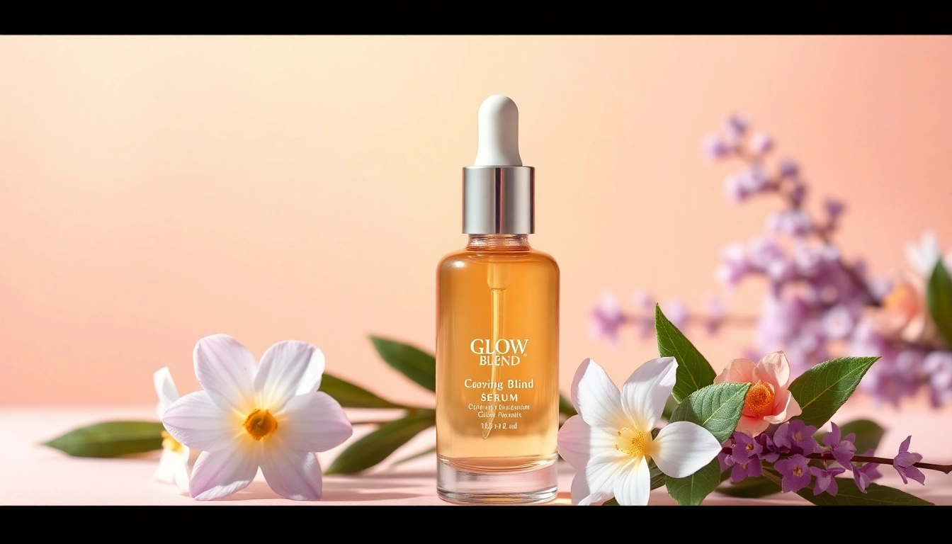 Showcase of Glow Blend serum surrounded by botanical elements in a soft pastel setting.