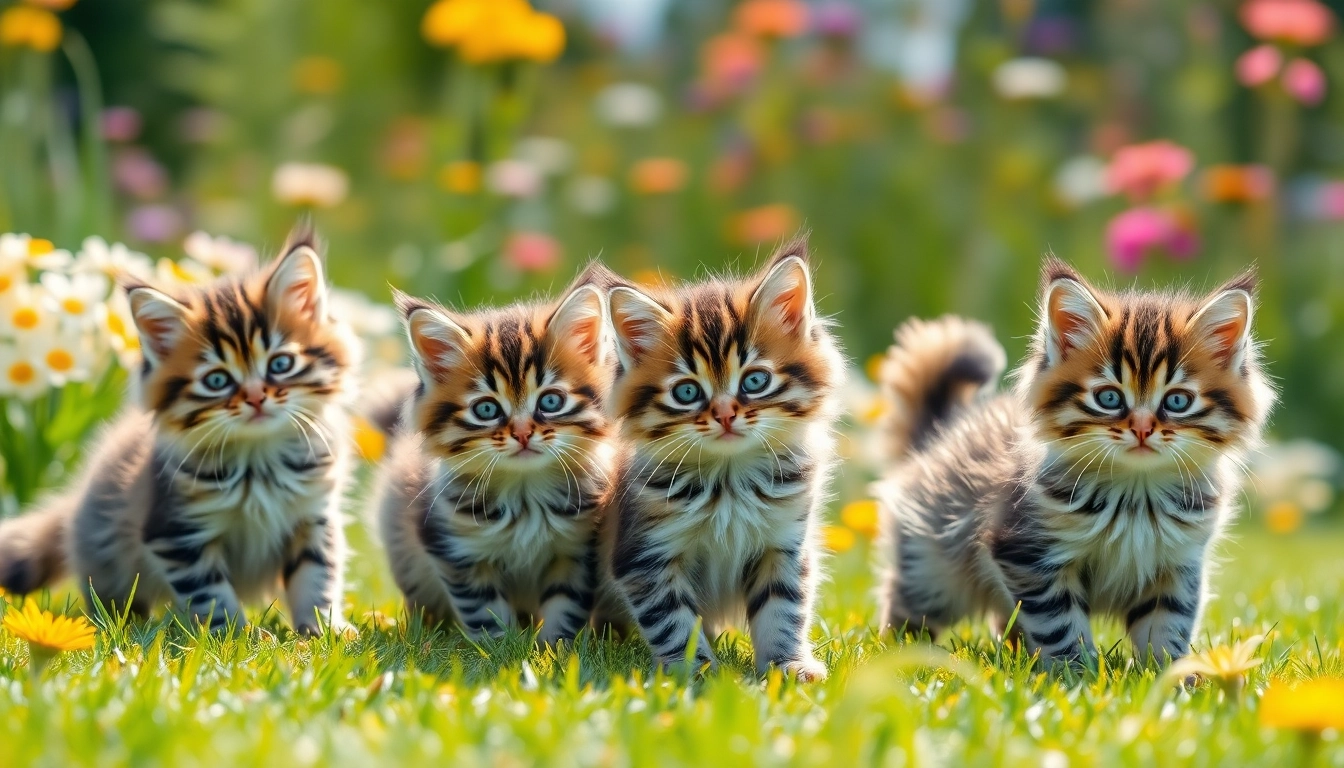 Adorable Maine Coon kittens for sale playing in a vibrant garden.