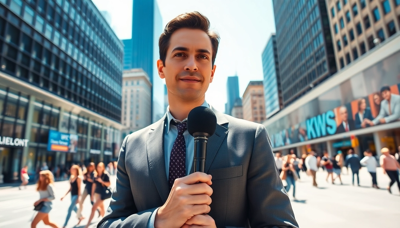 News journalist reporting live in a busy cityscape, capturing current events.