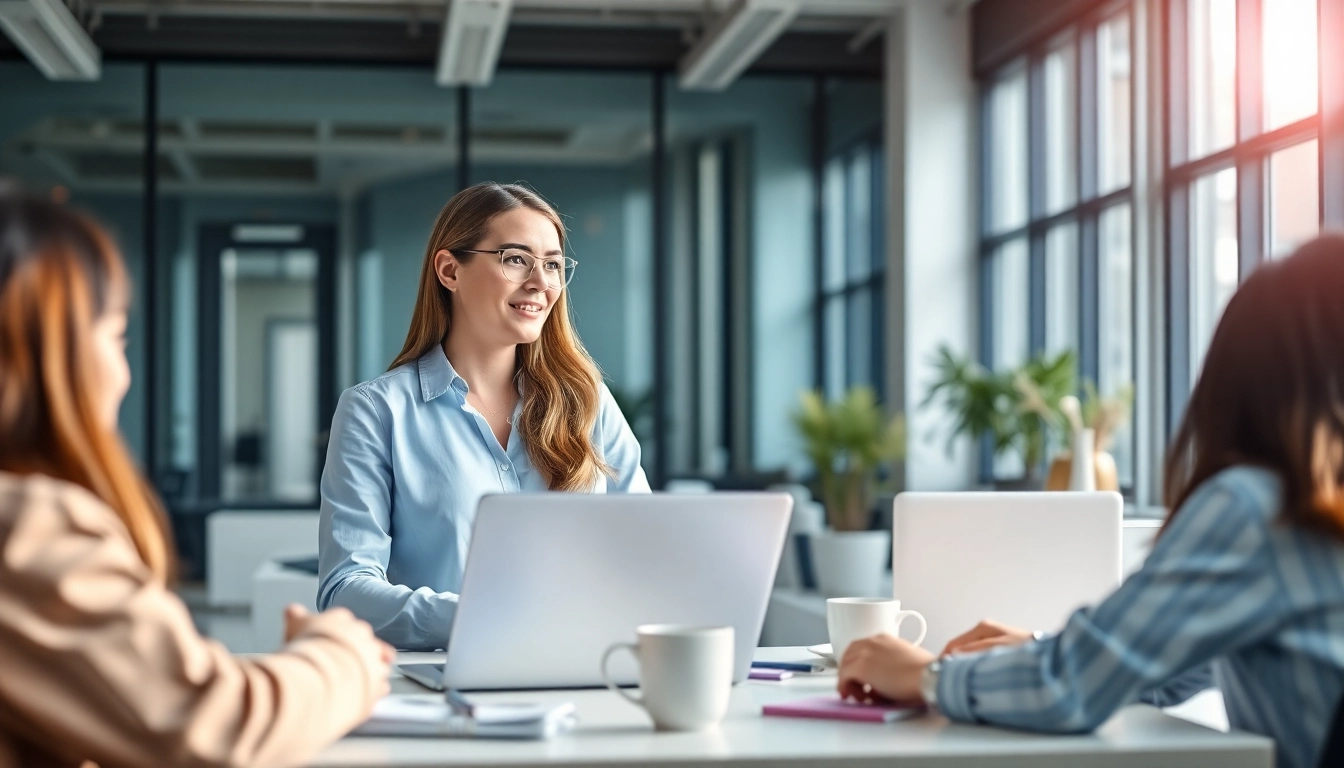 Engaging enterprise assistant collaborating with team in a modern office environment.