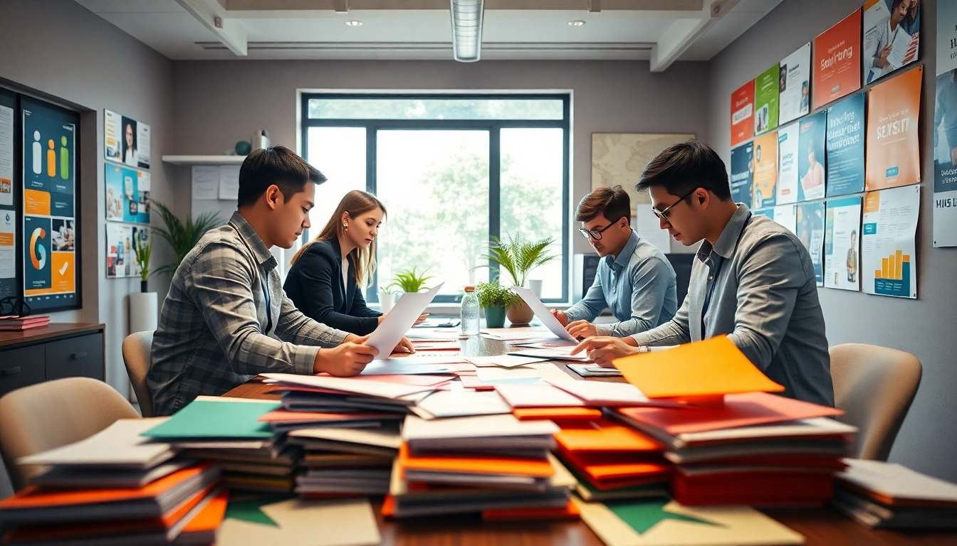 Team at a direct mailing company collaborating on a vibrant marketing campaign.
