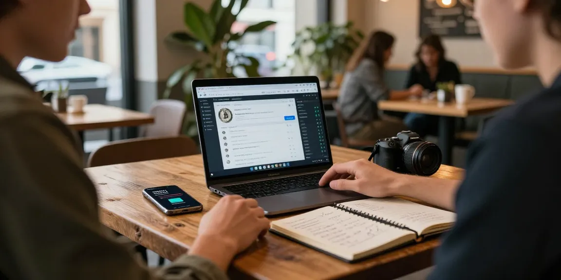 bitcoin cloud mining in an urban coffee shop with laptop and smartphone.