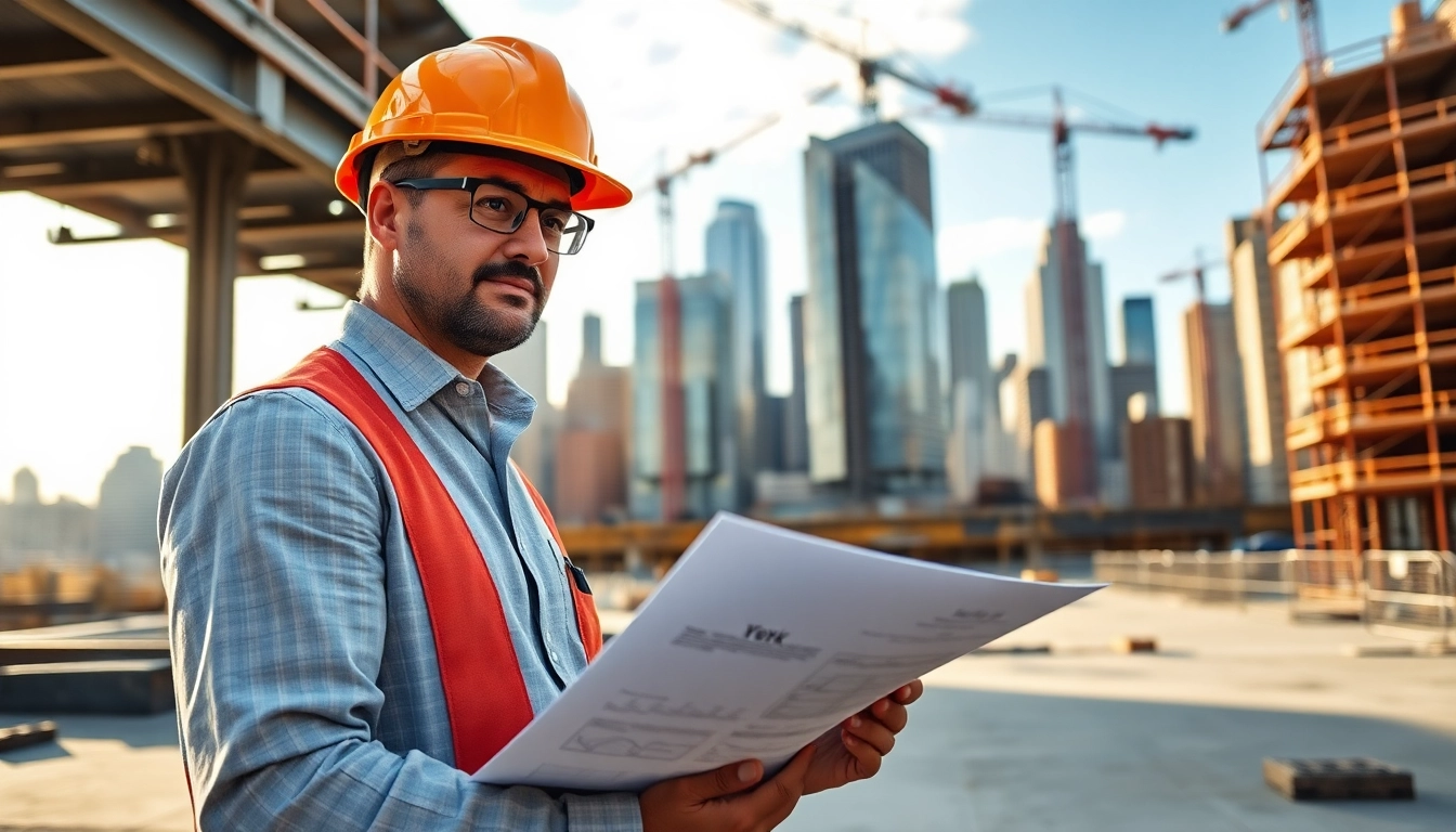 New York General Contractor assessing a bustling construction site with blueprints in hand.
