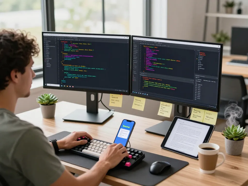 Moltbot AI developer workspace featuring clawdbot code display on dual monitors and tech accessories.