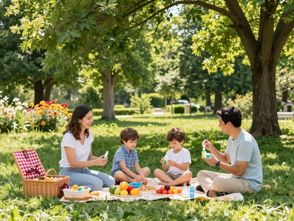 Family applying Best Mosquito Repellent while enjoying a picnic in a sunny park.