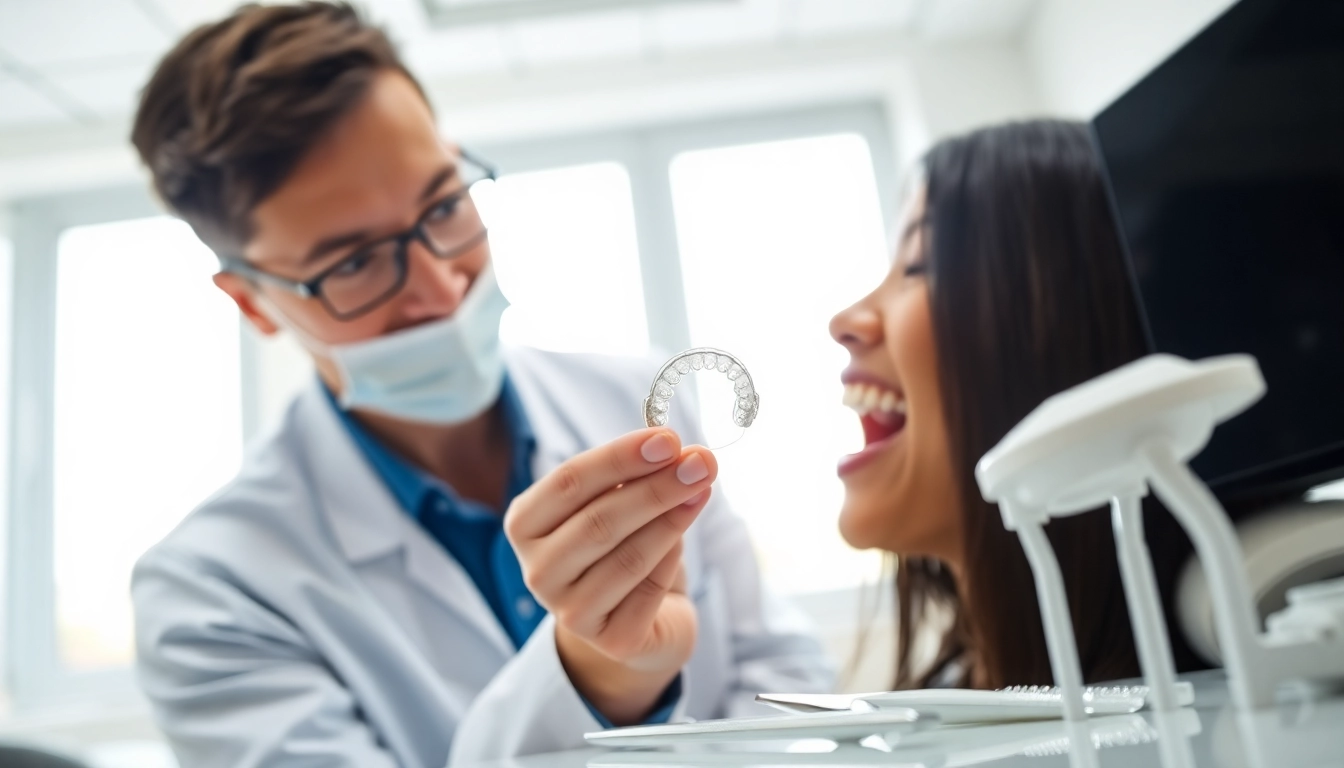Orthodontist showing a retainer to a patient in a modern dental clinic.