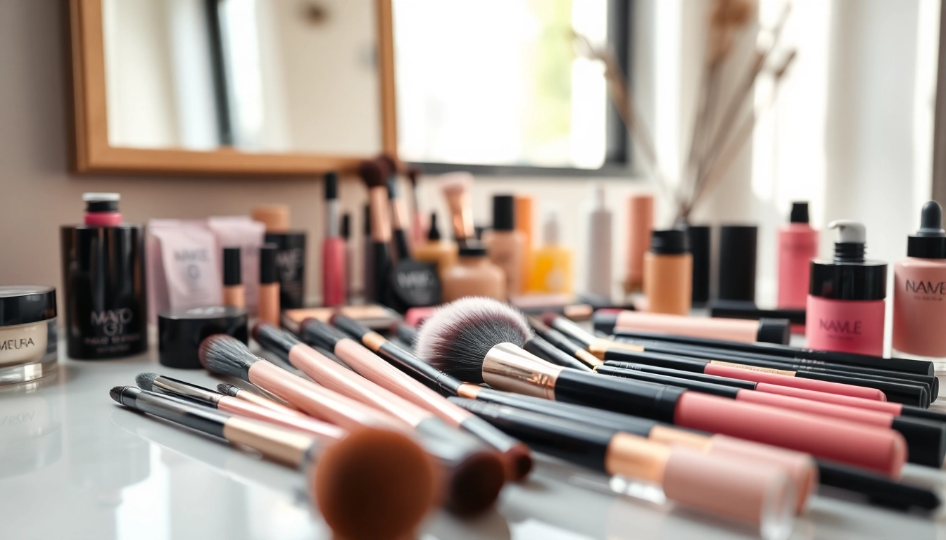 Stylish makeup blending brushes displayed on a vanity, showcasing colors and textures for beauty enthusiasts.