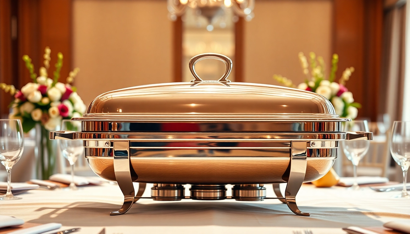 Elegant chafing dish on a banquet table with floral decor, showcasing festive luxury.