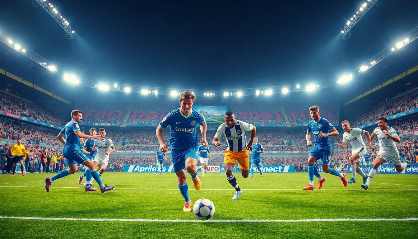 Highlight the excitement of บ้านบอลผลบอล with energetic soccer players in action during an intense match.