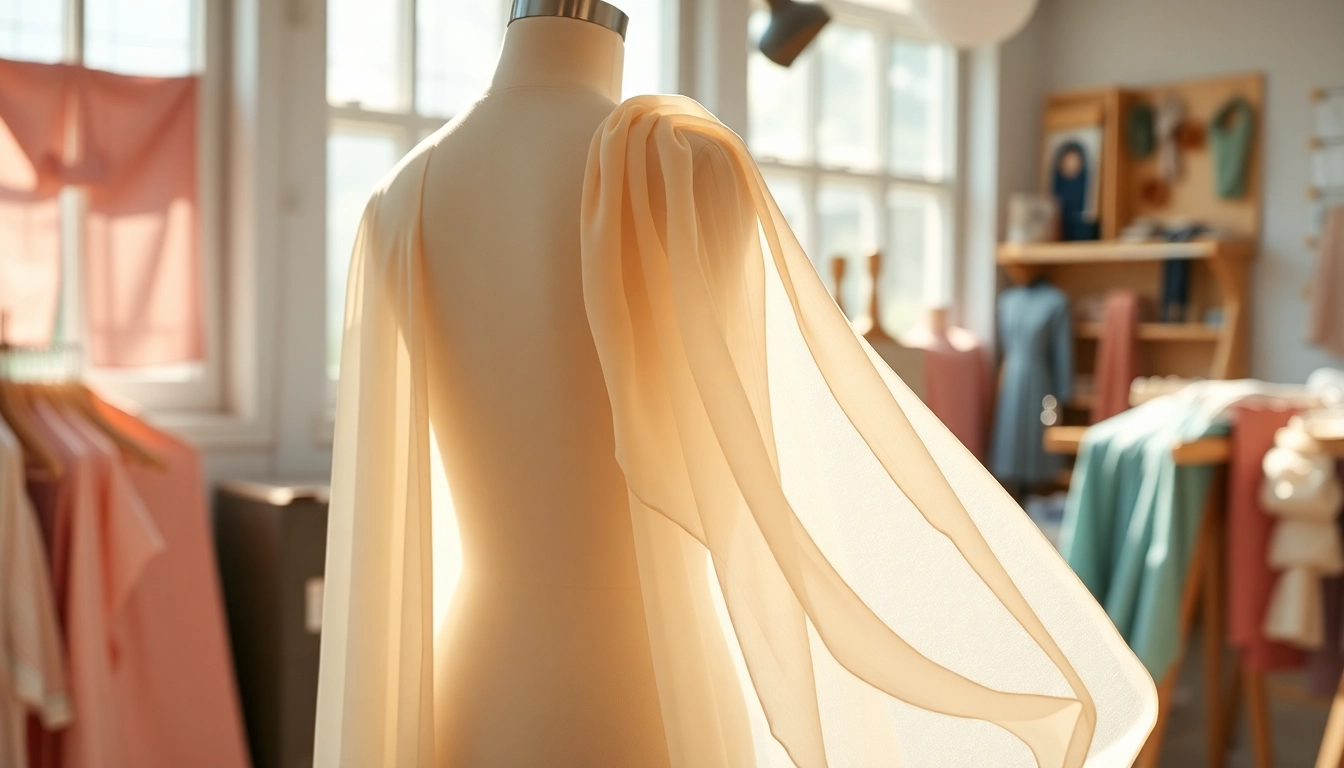 Chiffon stof elegantly draperend over een mannequin in een creatieve omgeving.