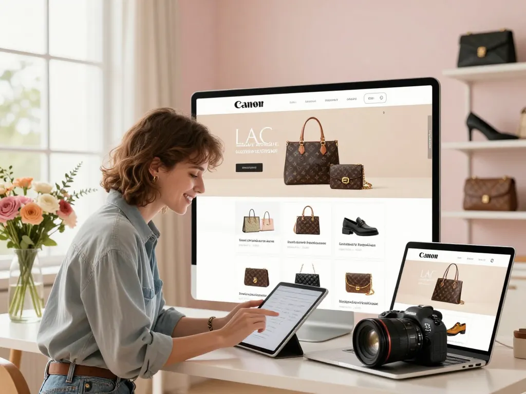 Stylish individual engaging with luxury 레플리카 items in a bright home setting, showcasing modern e-commerce shopping.