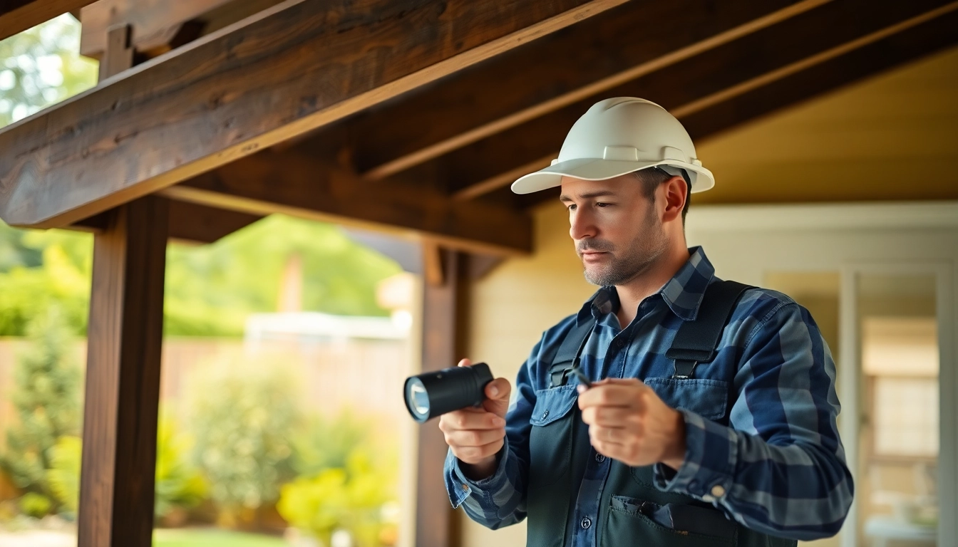 Inspect technician providing termite warranty service at a home inspection site
